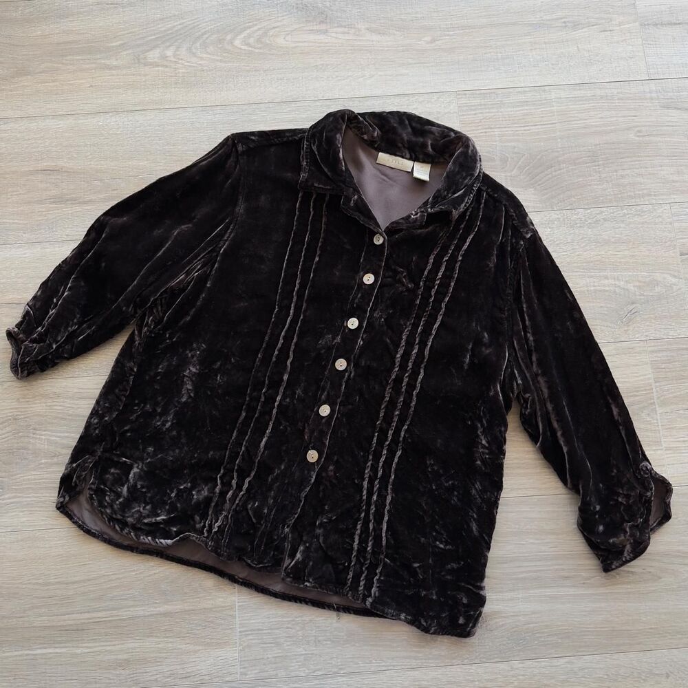 J. Jill Women's Small Petite Chocolate Brown Velvet Blouse Fairy Twee Whimsy